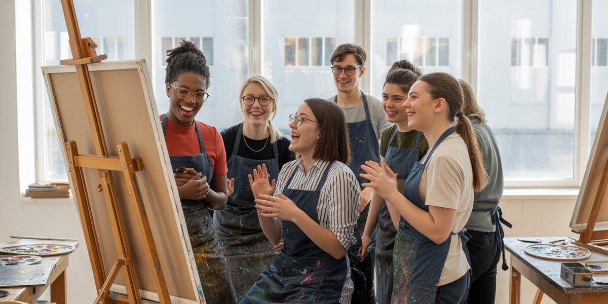 Eine Gruppe von sechs Kunststudenten steht vor einer Staffelei und lacht.