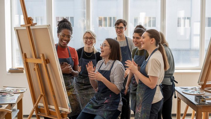 Eine Gruppe von sechs Kunststudenten steht vor einer Staffelei und lacht.