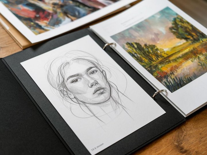 Eine Skizze eines Gesichts und eine Landschaftsmalerei in einem Kunstportfolio a